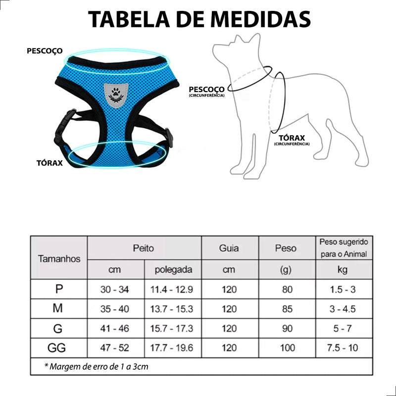 Coleira Peitoral para Gato e Cachorro + Guia com Colete Refletivo